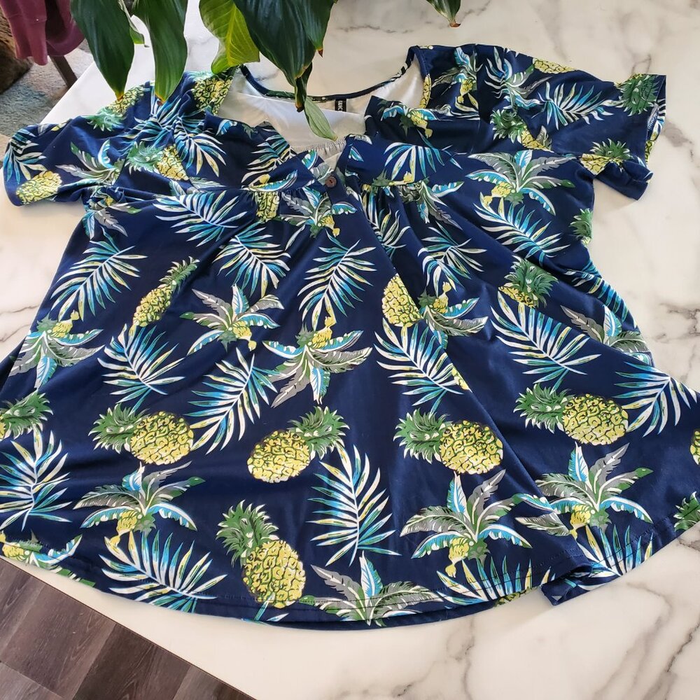 Blue Short Sleeve Blouse with Pineapples Size 1X